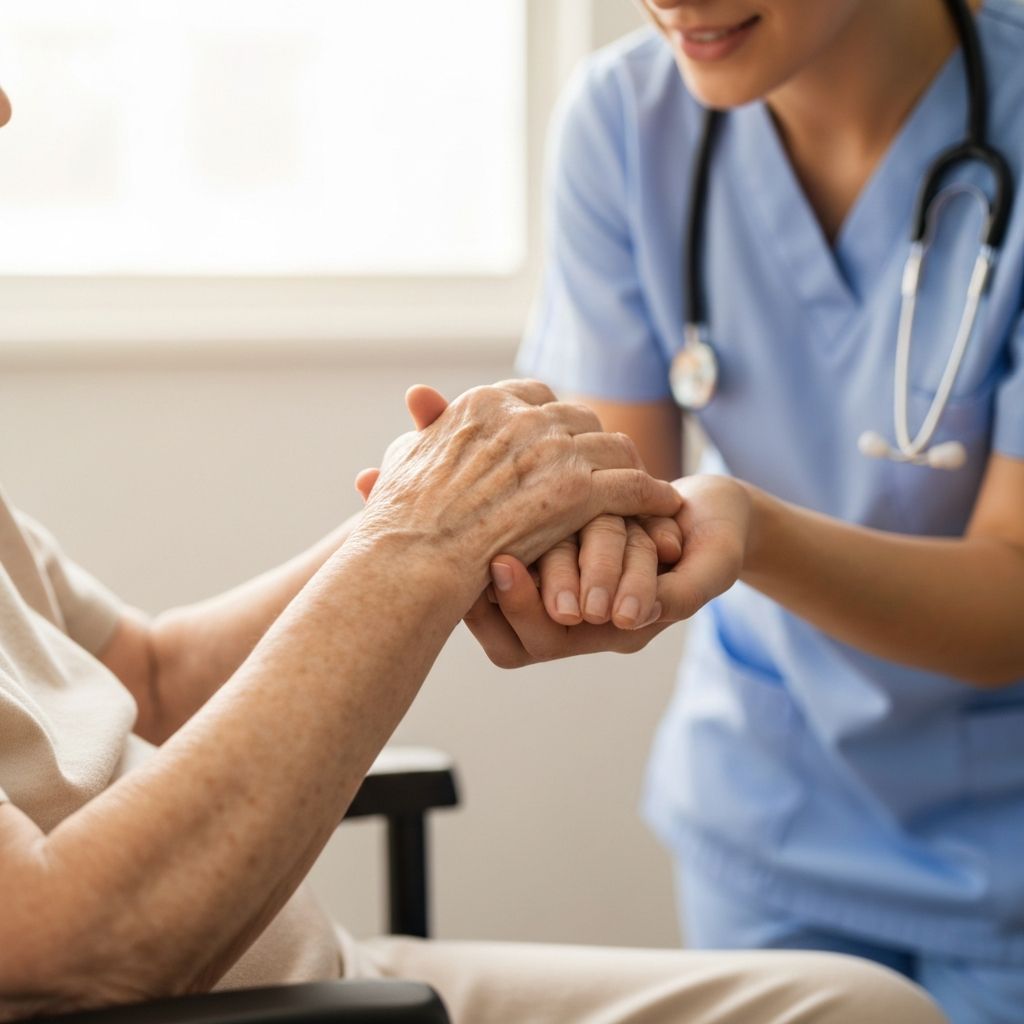 A caregiver holding an older adult's hands
